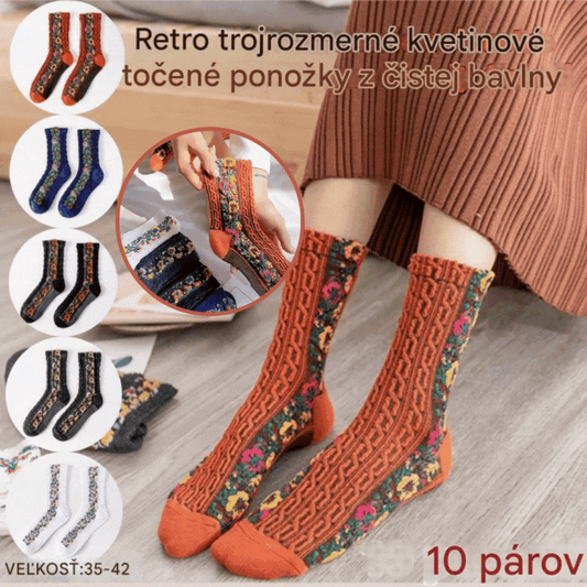 💐【5 párov】🧦Nové skrútené retro kvetinové bavlnené dlhé ponožky na jeseň a zimu