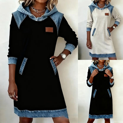 🌷🌞Zimná novinka Módne džínsové patchworkové šaty s kapucňou