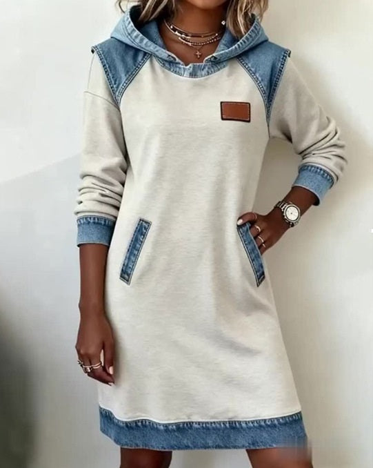 🌷🌞Zimná novinka Módne džínsové patchworkové šaty s kapucňou