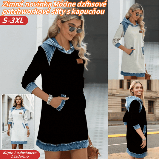 🔥🌷🌞Zimná novinka Módne džínsové patchworkové šaty s kapucňou